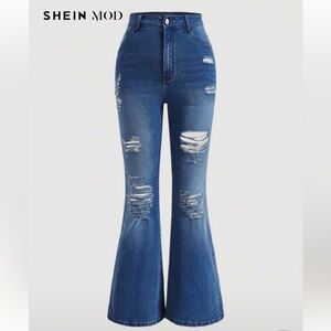 SHEIN Mod Distressed Denim Flare Jeans